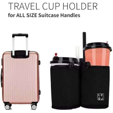 LCDJ Luggage Travel Cup Holder Waterproof Black Free Hand Drink Caddy Pocket Hold Two Coffee Mugs - Travelers Accessories - Fits Roll on Suitcase Handles - Gifts for Flight Attendants