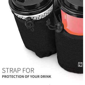 LCDJ Luggage Travel Cup Holder Waterproof Black Free Hand Drink Caddy Pocket Hold Two Coffee Mugs - Travelers Accessories - Fits Roll on Suitcase Handles - Gifts for Flight Attendants