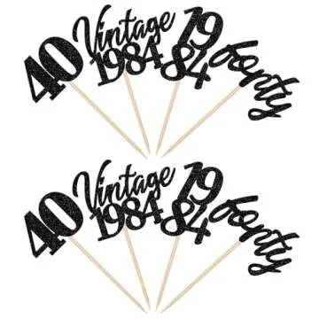 24 PCS Vintage 1984 Cupcake Toppers Glitter Cheers to 40 Fabulous Forty Cupcake Picks 40th Birthday Wedding Anniversary Party Cake Decorations Supplies Black