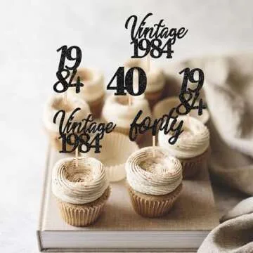 24 PCS Vintage 1984 Cupcake Toppers Glitter Cheers to 40 Fabulous Forty Cupcake Picks 40th Birthday Wedding Anniversary Party Cake Decorations Supplies Black
