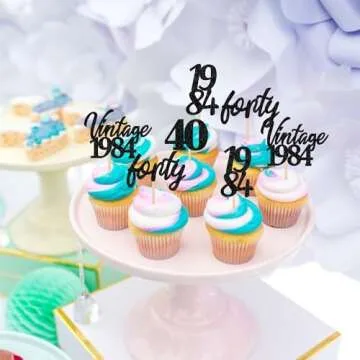 24 PCS Vintage 1984 Cupcake Toppers Glitter Cheers to 40 Fabulous Forty Cupcake Picks 40th Birthday Wedding Anniversary Party Cake Decorations Supplies Black