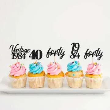 24 PCS Vintage 1984 Cupcake Toppers Glitter Cheers to 40 Fabulous Forty Cupcake Picks 40th Birthday Wedding Anniversary Party Cake Decorations Supplies Black
