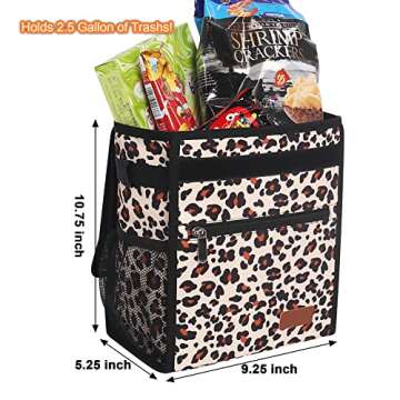 Car Trash Can with Lid Waterproof & Leak Proof Car Trash Bag Collapsible Car Garbage Can with Storage Pockets, Leopard Print