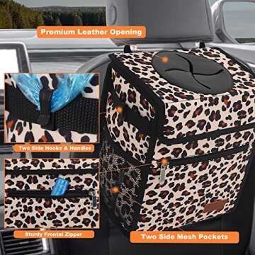 Car Trash Can with Lid Waterproof & Leak Proof Car Trash Bag Collapsible Car Garbage Can with Storage Pockets, Leopard Print