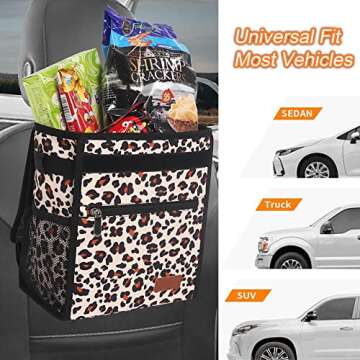 Car Trash Can with Lid Waterproof & Leak Proof Car Trash Bag Collapsible Car Garbage Can with Storage Pockets, Leopard Print