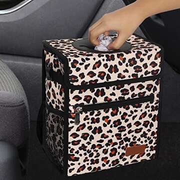 Car Trash Can with Lid Waterproof & Leak Proof Car Trash Bag Collapsible Car Garbage Can with Storage Pockets, Leopard Print