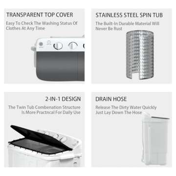 Sportpulse Portable Washing Machine, Mini Twin Tub 18lbs Capacity Washing Machine, 11lbs Washer & 7lbs Spinner, Small Laundry Washer with Time Control for Camping, Apartments, RV (Black, 18lbs)