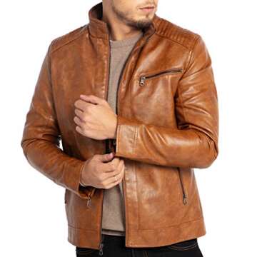 WULFUL Men's Lightweight Stand Collar Faux Leather Jacket