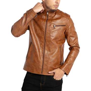 WULFUL Men's Lightweight Stand Collar Faux Leather Jacket