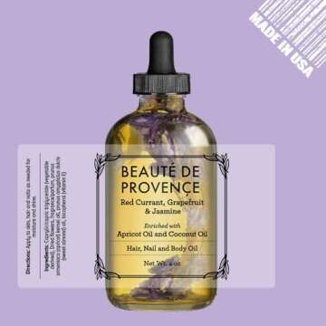 BEAUTE DE PROVENCE Lavender Multi-Use Oil for Face, Body and Hair - Organic Blend of Apricot, Vitamin E, Fractionated Coconut and Sweet Almond Oil Moisturizer for Dry Skin, Scalp and Nails - 4 Fl Oz