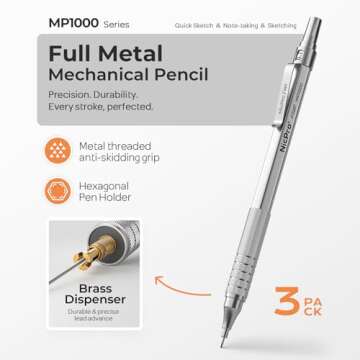 Nicpro 0.7 Metal Mechanical Pencil Set with Case, 3PCS MP1000 0.7mm Artist Lead Pencil With 8 Tube H...