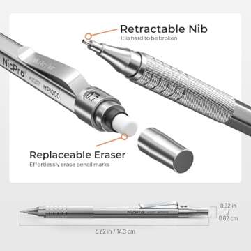 Nicpro 0.7 Metal Mechanical Pencil Set with Case, 3PCS MP1000 0.7mm Artist Lead Pencil With 8 Tube HB Refills, 3 Erasers, 9 Eraser Refill For Architect Art Drafting Drawing Engineering, Sketching