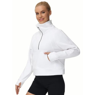 THE GYM PEOPLE Women's Half Zip Pullover Sweatshirt Fleece Stand Collar Crop Sweatshirt with Pockets Thumb Hole White