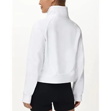 THE GYM PEOPLE Women's Half Zip Pullover Sweatshirt Fleece Stand Collar Crop Sweatshirt with Pockets Thumb Hole White