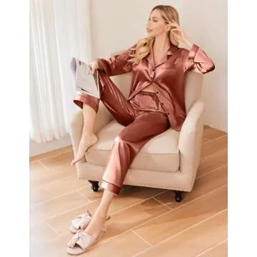 Ekouaer Women Satin Pajamas Set Classic Button Down Pjs