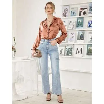 Ekouaer Women Satin Pajamas Set Classic Button Down Pjs