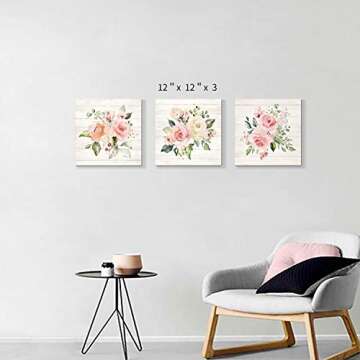 Pink Floral Canvas Wall Art: Roses Flowers Bouquet Pictures Artwork for Kitchen Bathrooms (12"x12"x3pcs)