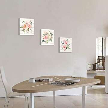 Pink Floral Canvas Wall Art: Roses Flowers Bouquet Pictures Artwork for Kitchen Bathrooms (12"x12"x3pcs)