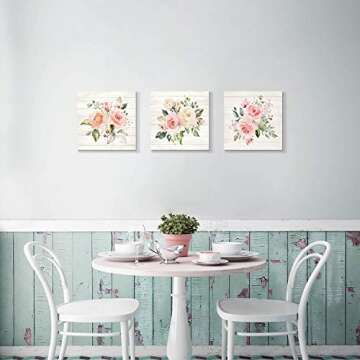 Pink Floral Canvas Wall Art: Roses Flowers Bouquet Pictures Artwork for Kitchen Bathrooms (12"x12"x3pcs)
