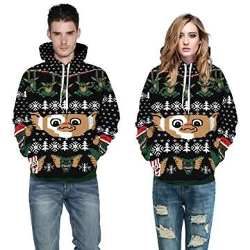 Grace's Secret Couple 3D Santa Print Ugly Christmas Kangaroo Pocket Sweatshirt Hoodies Pullover Elf XXL