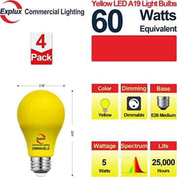 Explux Commercial Lighting Dimmable LED A19 Yellow Light Bulbs, 60W Equivalent, High Yellow Light Ou...