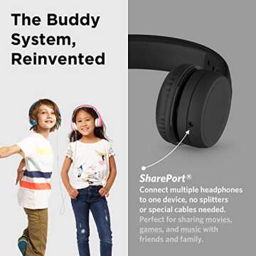 LilGadgets Connect+ Wired Kids Headphones for School with Microphone, Volume Limiting & Noise Reduction On-Ear Headset with Cord, SharePort Technology & SoftTouch Padding, Black