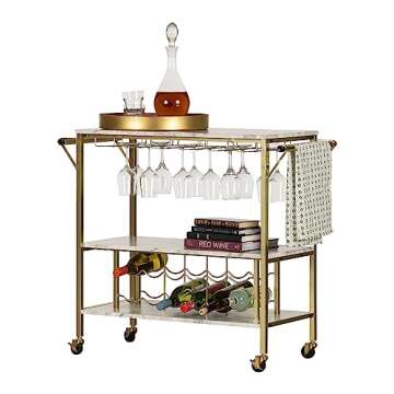 South Shore Maliza Bar Cart Bottle Storage and Wine Glass Rack-Faux Marble and Gold