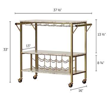 South Shore Maliza Bar Cart Bottle Storage and Wine Glass Rack-Faux Marble and Gold