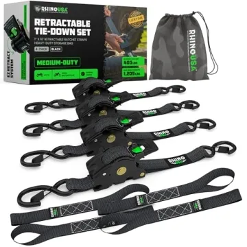 Rhino USA Heavy Duty Retractable Ratchet Straps (4-Pack) - 10ft, 1,209lb Strength