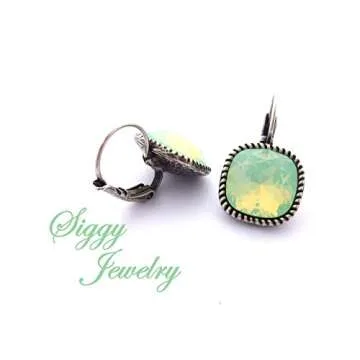 Chrysolite Opal Drop Earring made with Genuine Austrian Crystals, 12mm Cushion Cut, Square Mint Green, Rose Gold or Antique Silver Finish, Bridesmaids Gift