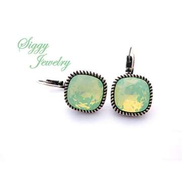 Chrysolite Opal Drop Earring made with Genuine Austrian Crystals, 12mm Cushion Cut, Square Mint Green, Rose Gold or Antique Silver Finish, Bridesmaids Gift