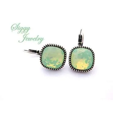 Chrysolite Opal Drop Earring made with Genuine Austrian Crystals, 12mm Cushion Cut, Square Mint Green, Rose Gold or Antique Silver Finish, Bridesmaids Gift