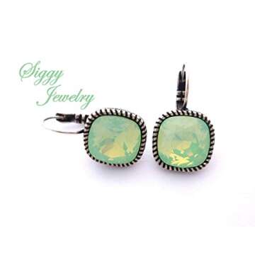 Chrysolite Opal Drop Earring made with Genuine Austrian Crystals, 12mm Cushion Cut, Square Mint Green, Rose Gold or Antique Silver Finish, Bridesmaids Gift