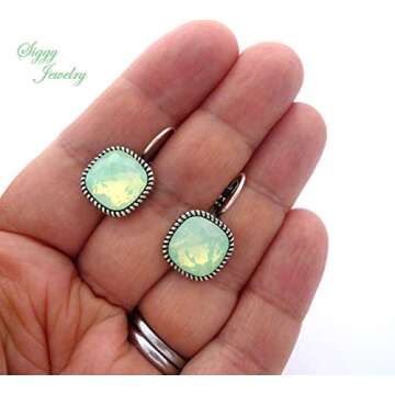 Chrysolite Opal Drop Earring made with Genuine Austrian Crystals, 12mm Cushion Cut, Square Mint Green, Rose Gold or Antique Silver Finish, Bridesmaids Gift
