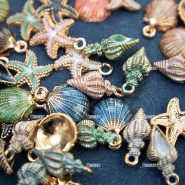 AUEAR, 30 Pack Ocean Starfish Conch Seashell Metal Gold Plated Enamel Charms Pendants for DIY Jewelry Making (Enamel Style 1)