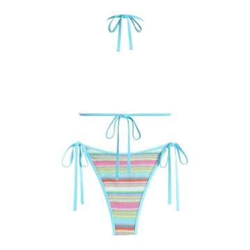 ZAFUL Women's Colorblock Stripes Triangle Halter Tied Cheeky Thong Bikini Set High Cut Two Piece Bat...