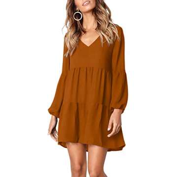 Amoretu Womens Long Sleeve Fall Dress V Neck Swing Shift Dresses, Spring, Summer, 2025 (Brown, XXL)