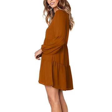 Amoretu Womens Long Sleeve Fall Dress V Neck Swing Shift Dresses, Spring, Summer, 2025 (Brown, XXL)