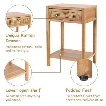 COZAYH Modern Minimalism Nightstand End Table Side Table with Woven Pattern Drawer and Shelf Storage, Rustic Farmhouse Style, Natural