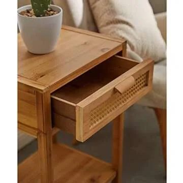 COZAYH Modern Minimalism Nightstand End Table Side Table with Woven Pattern Drawer and Shelf Storage, Rustic Farmhouse Style, Natural