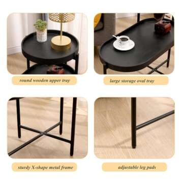 HoRunzelin Modern 2 Tier End Table,Round and Oval Side Tables for Living Room Small Spaces,Metal Frame,Wood Tray,Rustic Snack Accent Table,Black