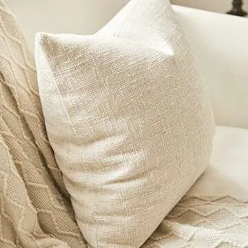 Anickal Set of 2 Beige Pillow Covers 24x24 Inch Rustic Linen Square Decorative Throw Pillow Covers f...