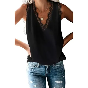 BLENCOT Women Lace Trim Black Tank Tops V Neck Fashion Casual Sleeveless Blouse Cami Shirts, Large