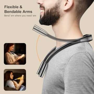 Gritin LED Neck Reading Light,Book Light for Reading in Bed-Eye Caring 3 Colors, Dimmable Brightness, Bendable Arms, 80+Hrs Runtime, Neck Round Design, Comfortable &Lightweight for Crafting, Knitting
