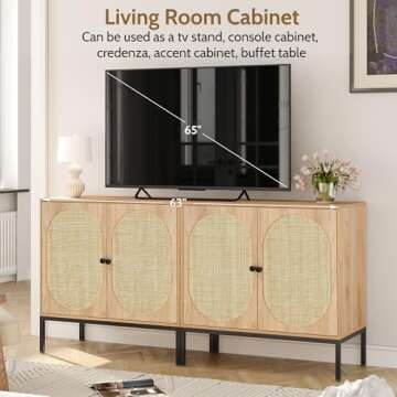 Yechen Set of 2 Sideboard Cabinet with Natural Rattan Hand-Woven Doors, 63" Rattan Cabinet, Buffet Cabinet Accent Console Table Credenza Cupboard, for Living Room Entryway, Natural, Metal Leg