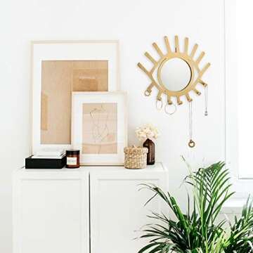 kimisty Wall Hanging Gold Eye Mirror with Jewelry Holder, Modern Necklace Hanger, Third Eye Makeup M...