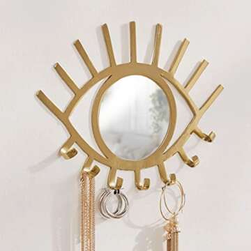 kimisty Wall Hanging Gold Eye Mirror with Jewelry Holder, Modern Necklace Hanger, Third Eye Makeup Mirror, Boho Organizer, Gold Decor