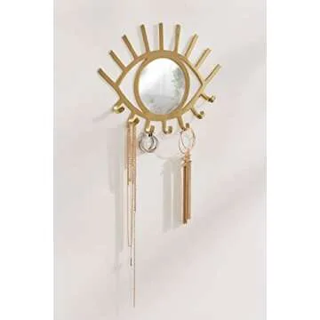 kimisty Wall Hanging Gold Eye Mirror with Jewelry Holder, Modern Necklace Hanger, Third Eye Makeup Mirror, Boho Organizer, Gold Decor