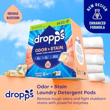 Dropps Odor & Stain Biobased Power Laundry Detergent Pods, Orange Blossom (64 Pods) - HE Compatible ...