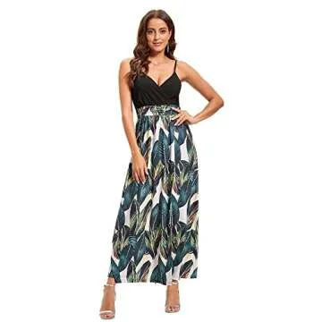 Newshows Dresses for Women 2025 Beach Cover ups Spaghetti Strap Casual Laua Party Tropical Outfits Cocktail Long Formal Flowy Sundresses Trendy (Black Floral Leaf, M)